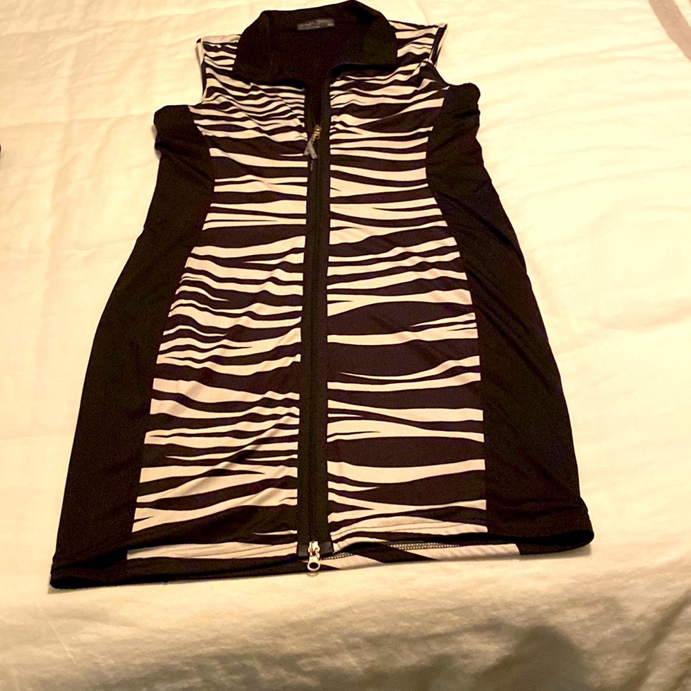 Funky black and white dress. Very slimming.